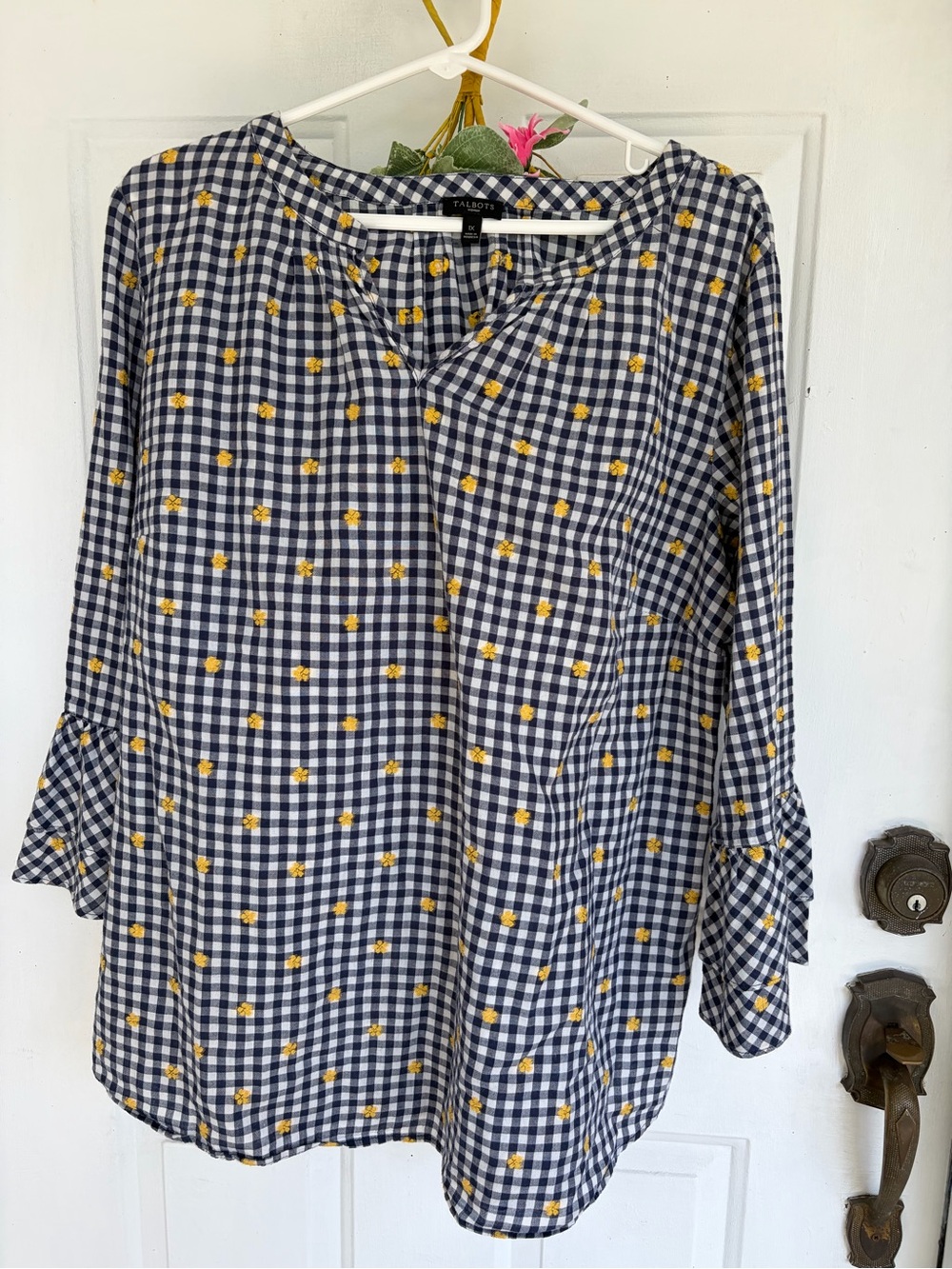 Talbots Navy and White Gingham Tunic with Yellow Floral Accents